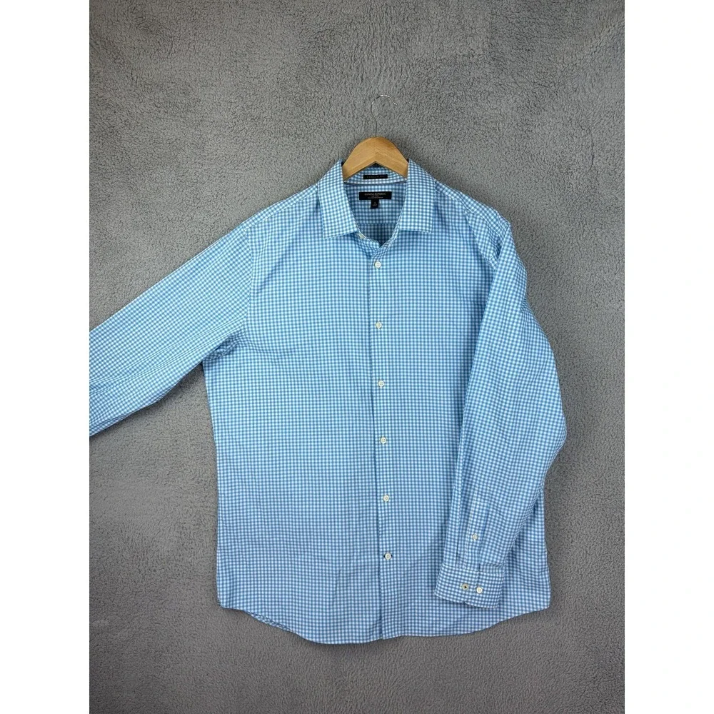 Banana Republic Dress Shirt Mens XL 17-17.5 Blue Gingham Non Iron Camden Fit Men
